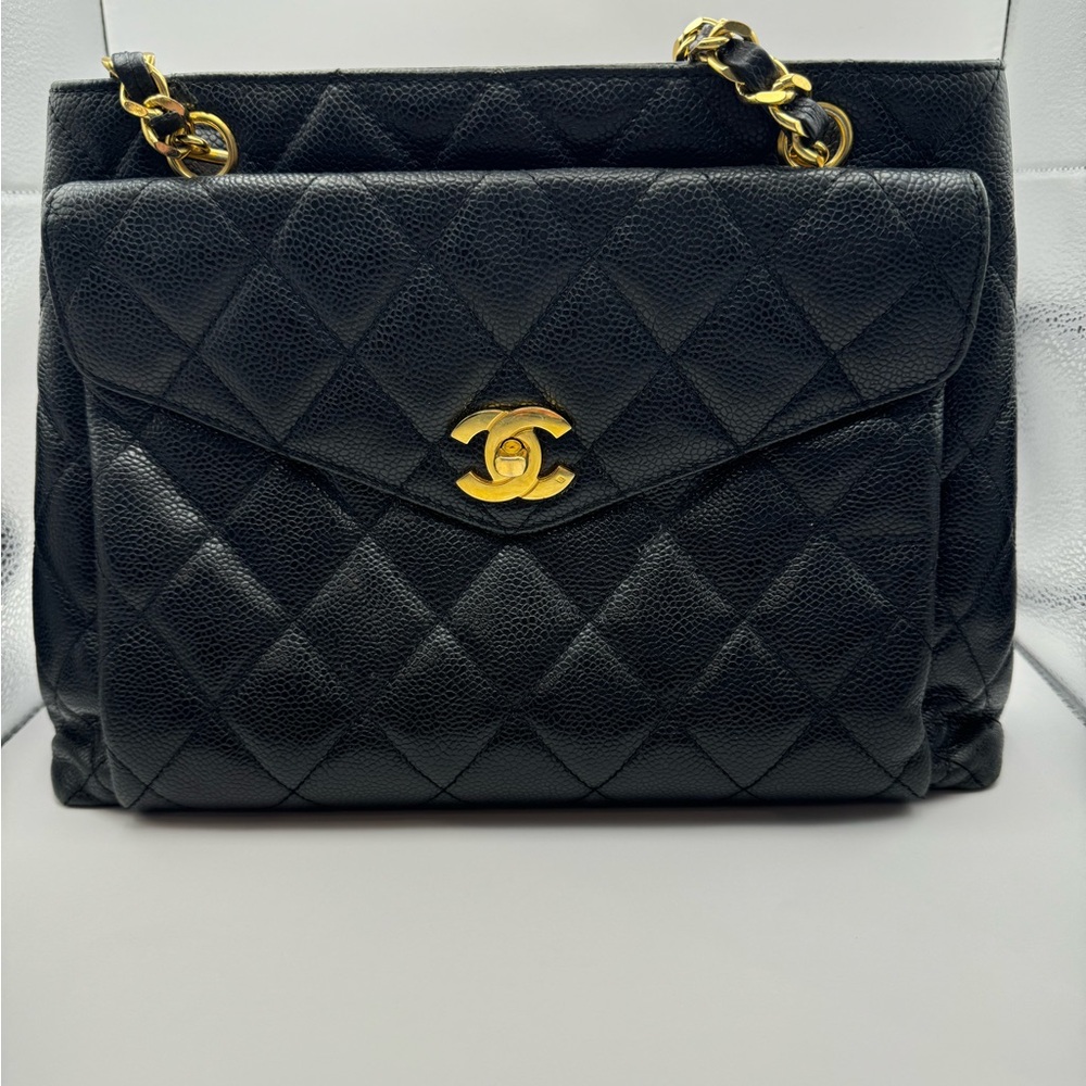 VINTAGE Chanel Quilted Black Caviar Leather Pocket Shopping Tote